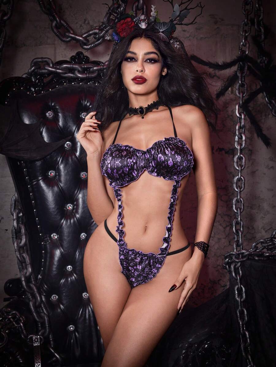 Multicolor goth style Halloween skull print babydoll lingerie for women featuring cut out frill details, adjustable spaghetti straps, and low rise V-strings.