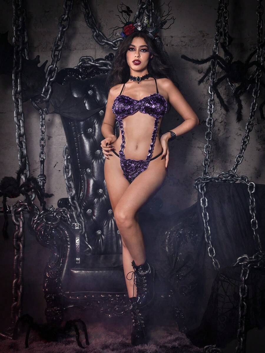 Multicolor goth style Halloween skull print babydoll lingerie for women featuring cut out frill details, adjustable spaghetti straps, and low rise V-strings.