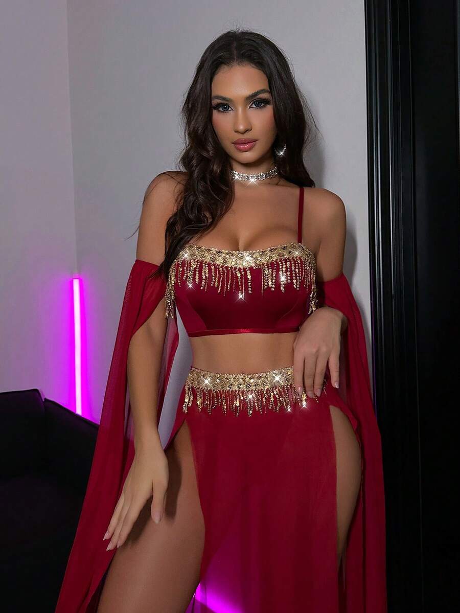Black 5-piece women's sparkling tassel mesh stage costume set with adjustable spaghetti straps and frill accents.