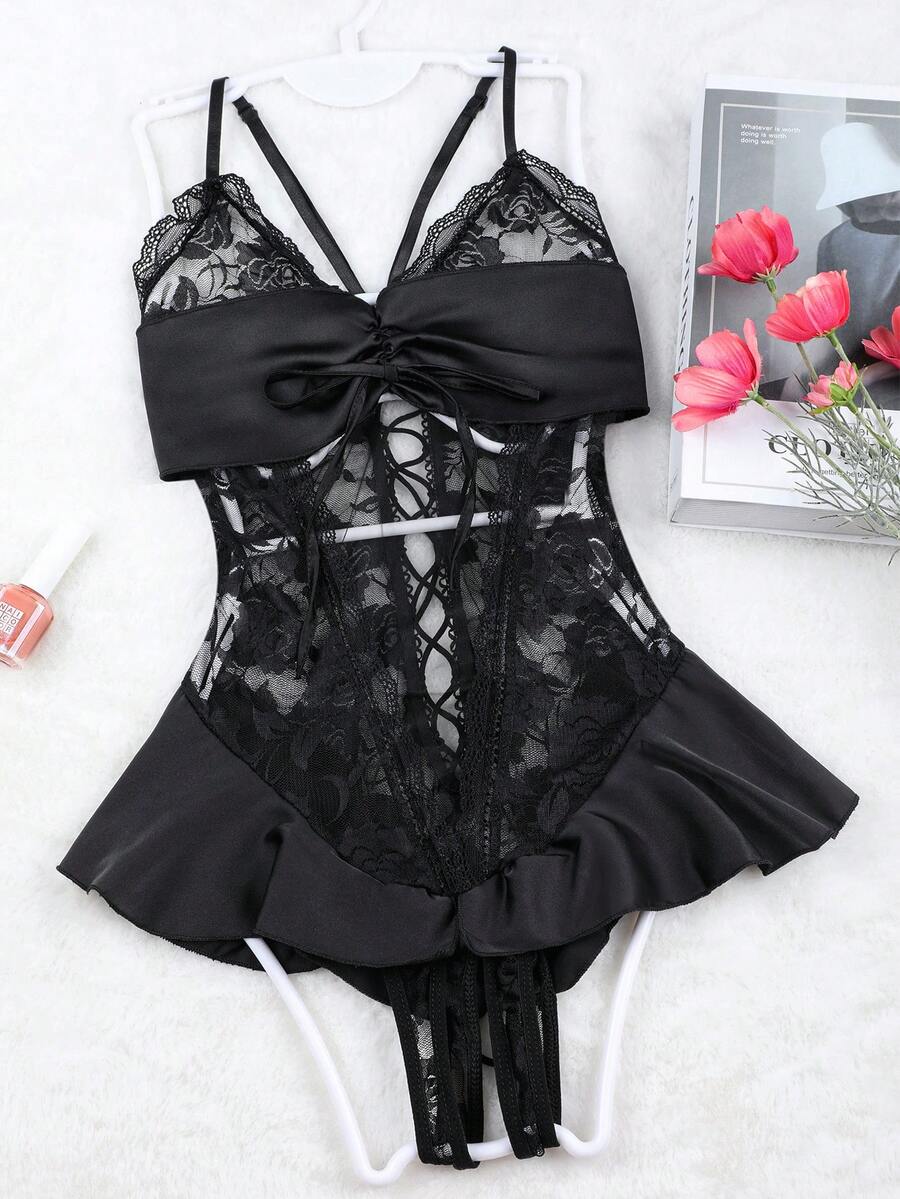 Black sleeveless wireless lingerie jumpsuit for women featuring a deep V-neck with hollow out front detail and thin spaghetti straps.