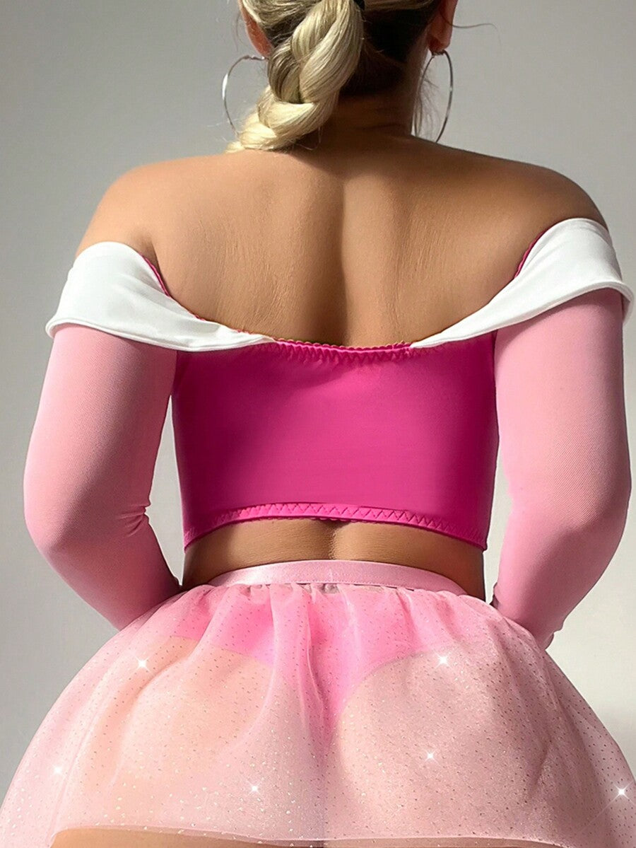 Pink 5-piece princess costume lingerie set featuring a long sleeve contrast mesh tube top, waist belt, garter belt, briefs, and matching stockings.