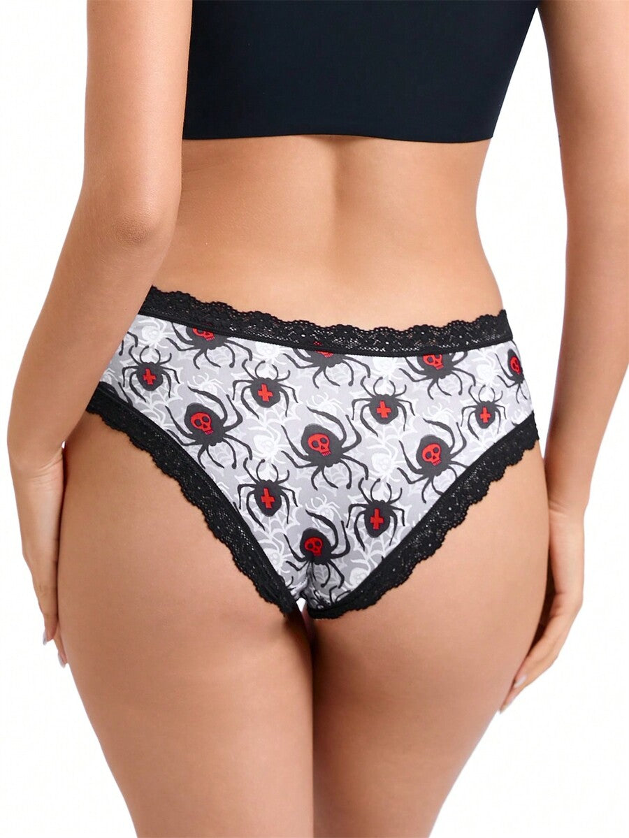 A 10-pack set of multicolor women's low-rise hipster panties featuring contrast lace trim and allover Halloween prints of skulls, eyeballs, stars, and jack-o-lanterns.