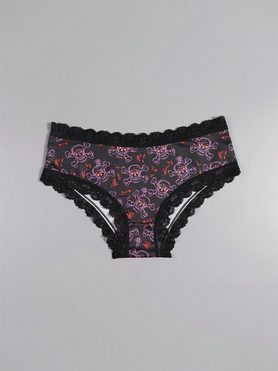 A 10-pack set of multicolor women's low-rise hipster panties featuring contrast lace trim and allover Halloween prints of skulls, eyeballs, stars, and jack-o-lanterns.