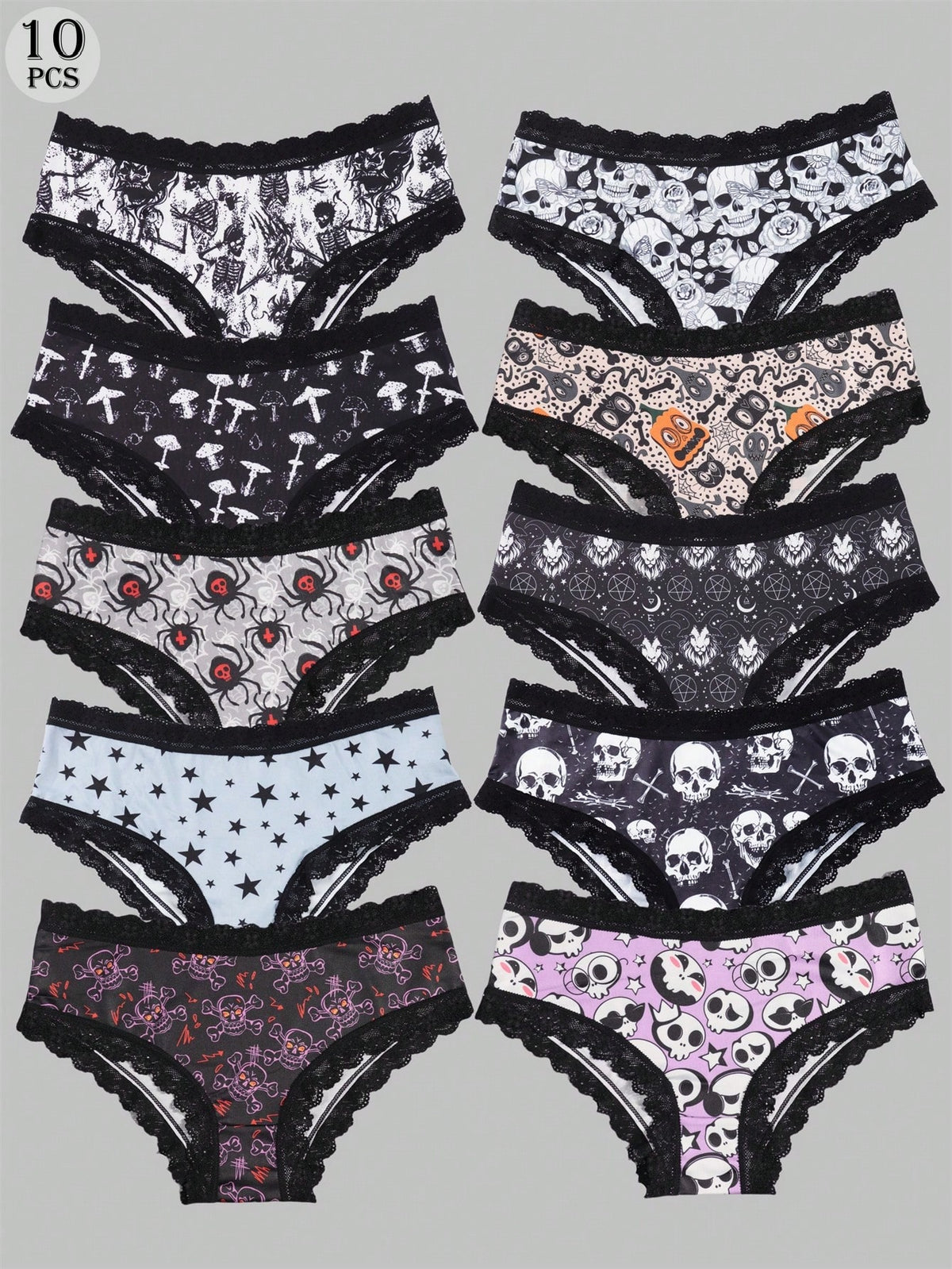 A 10-pack set of multicolor women's low-rise hipster panties featuring contrast lace trim and allover Halloween prints of skulls, eyeballs, stars, and jack-o-lanterns.