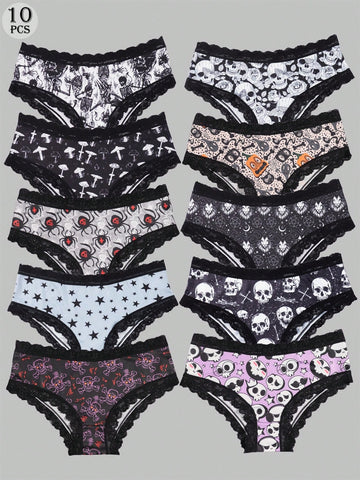A 10-pack set of multicolor women's low-rise hipster panties featuring contrast lace trim and allover Halloween prints of skulls, eyeballs, stars, and jack-o-lanterns.