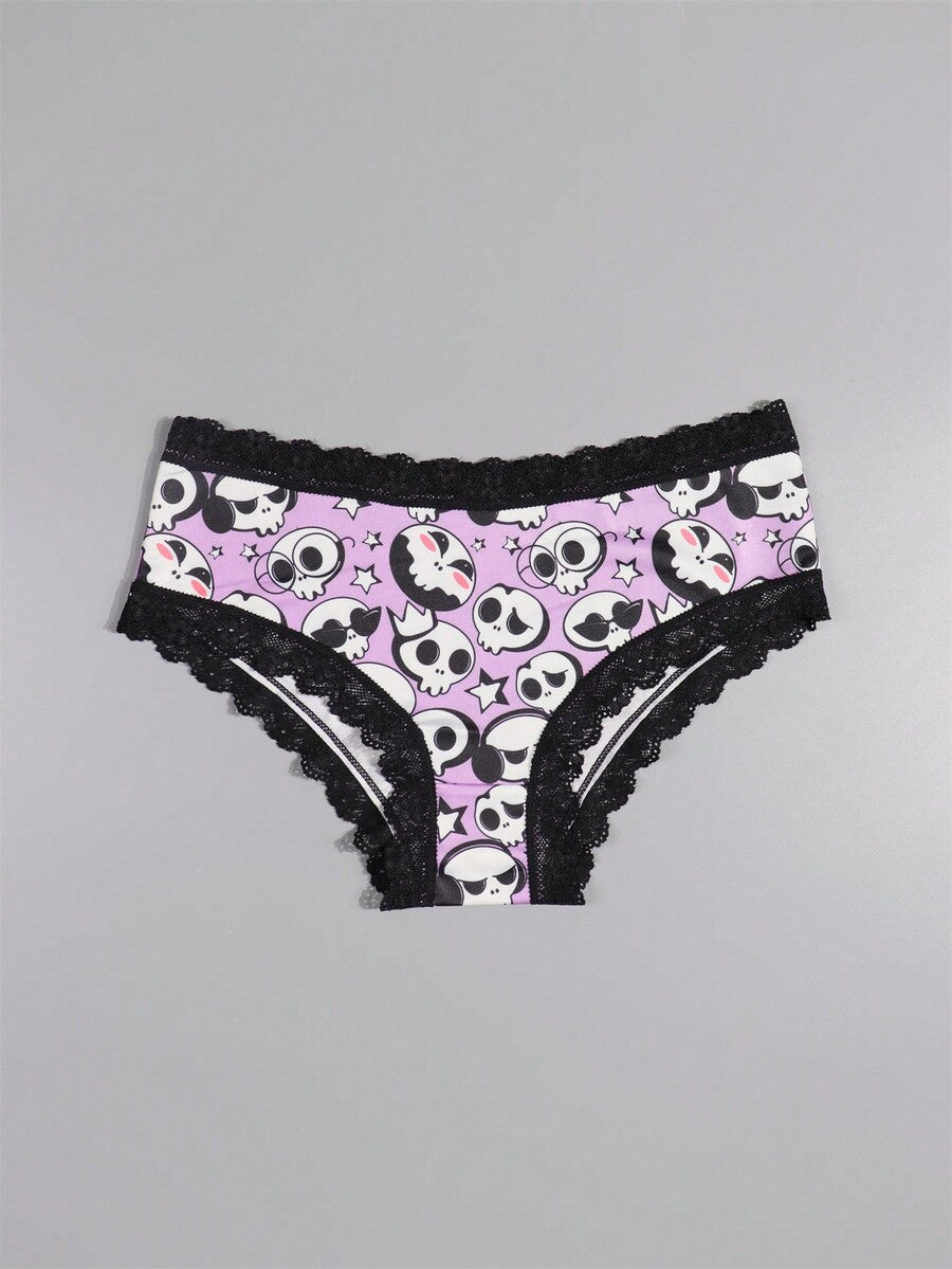 A 10-pack set of multicolor women's low-rise hipster panties featuring contrast lace trim and allover Halloween prints of skulls, eyeballs, stars, and jack-o-lanterns.