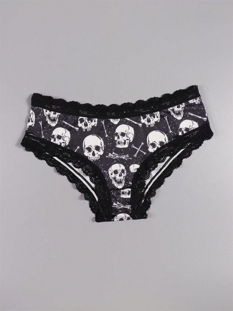 A 10-pack set of multicolor women's low-rise hipster panties featuring contrast lace trim and allover Halloween prints of skulls, eyeballs, stars, and jack-o-lanterns.