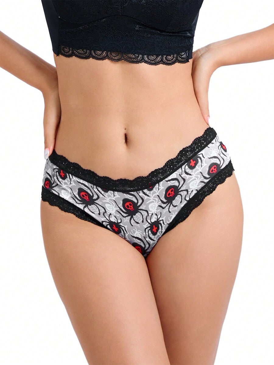 A 10-pack set of multicolor women's low-rise hipster panties featuring contrast lace trim and allover Halloween prints of skulls, eyeballs, stars, and jack-o-lanterns.