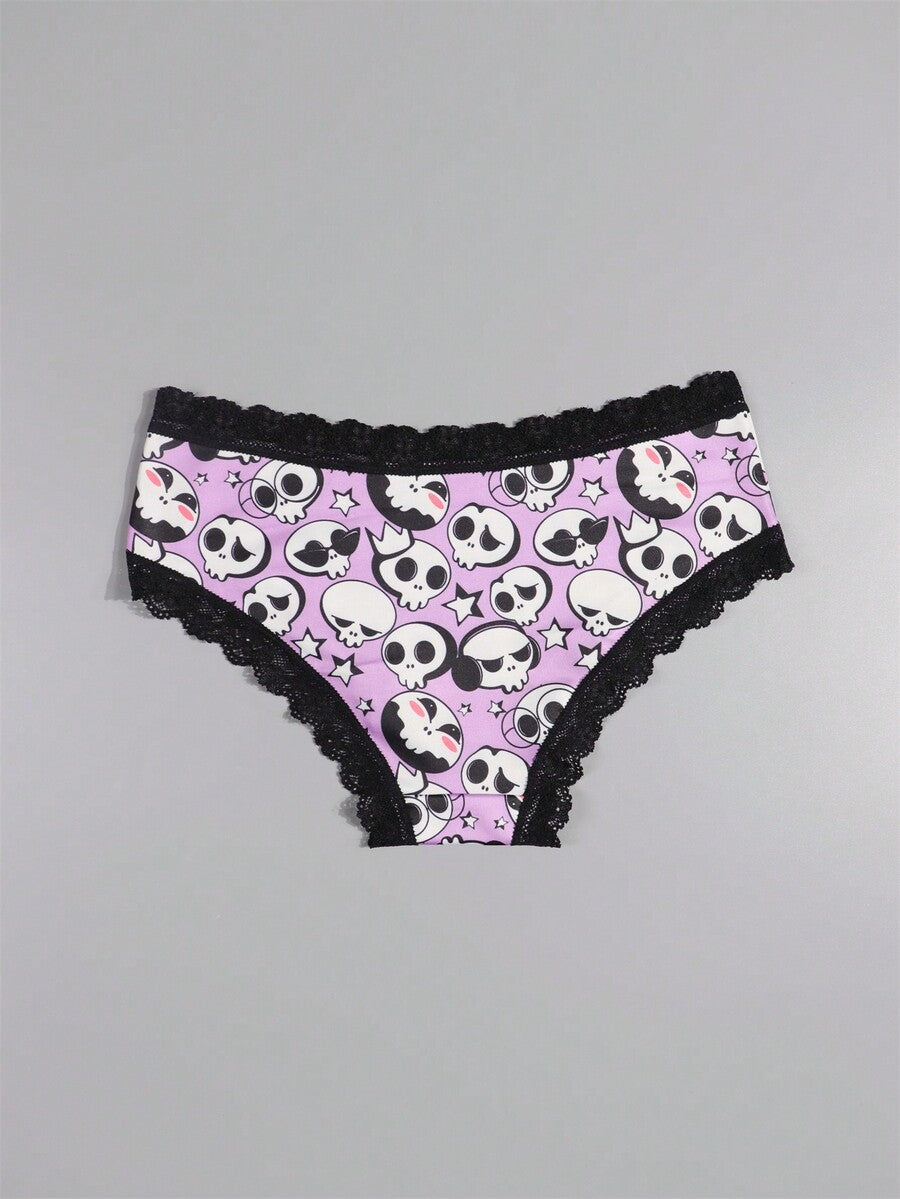 A 10-pack set of multicolor women's low-rise hipster panties featuring contrast lace trim and allover Halloween prints of skulls, eyeballs, stars, and jack-o-lanterns.