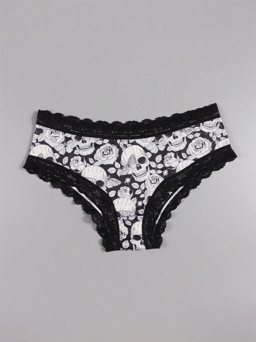 A 10-pack set of multicolor women's low-rise hipster panties featuring contrast lace trim and allover Halloween prints of skulls, eyeballs, stars, and jack-o-lanterns.