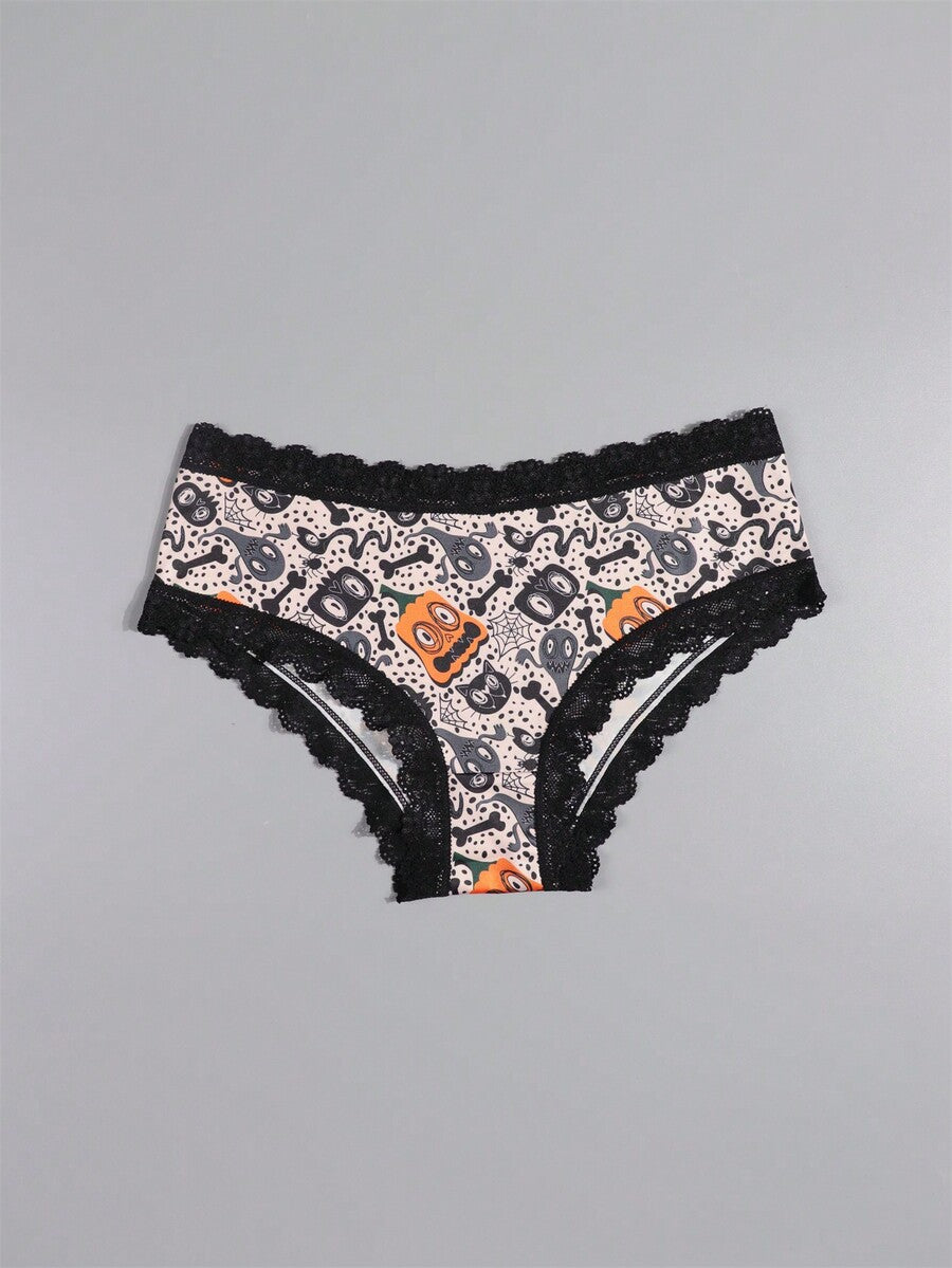 A 10-pack set of multicolor women's low-rise hipster panties featuring contrast lace trim and allover Halloween prints of skulls, eyeballs, stars, and jack-o-lanterns.