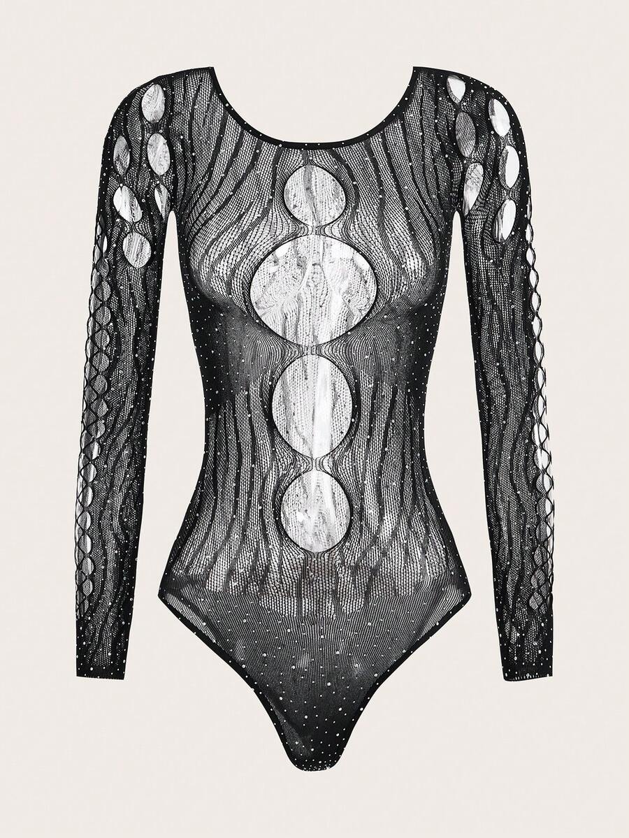 Black high neck rhinestone studded teddy bodysuit lingerie with sheer cut out details and adjustable straps.