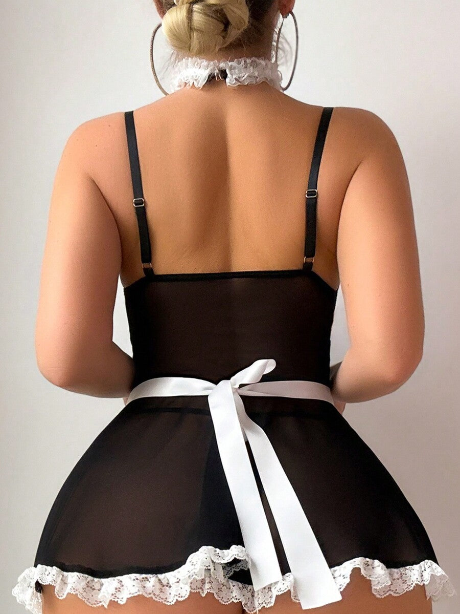 Women's 6-piece sexy maid costume set featuring a black and white short dress with contrast lace, frill details, spaghetti straps, and matching stockings.