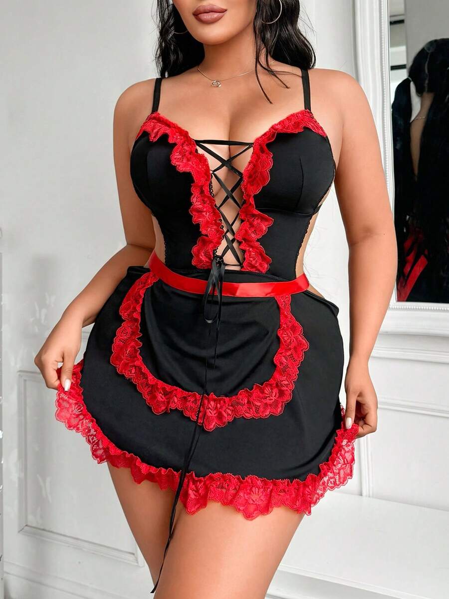 Black 2-piece sexy maid cosplay costume set for women, featuring a spaghetti strap jumpsuit with lace-up criss-cross details and a matching apron.