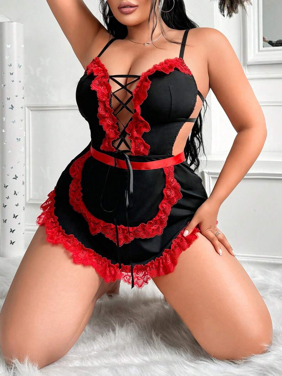 Black 2-piece sexy maid cosplay costume set for women, featuring a spaghetti strap jumpsuit with lace-up criss-cross details and a matching apron.