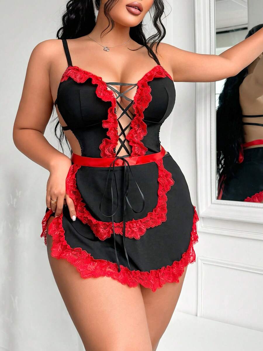 Black 2-piece sexy maid cosplay costume set for women, featuring a spaghetti strap jumpsuit with lace-up criss-cross details and a matching apron.