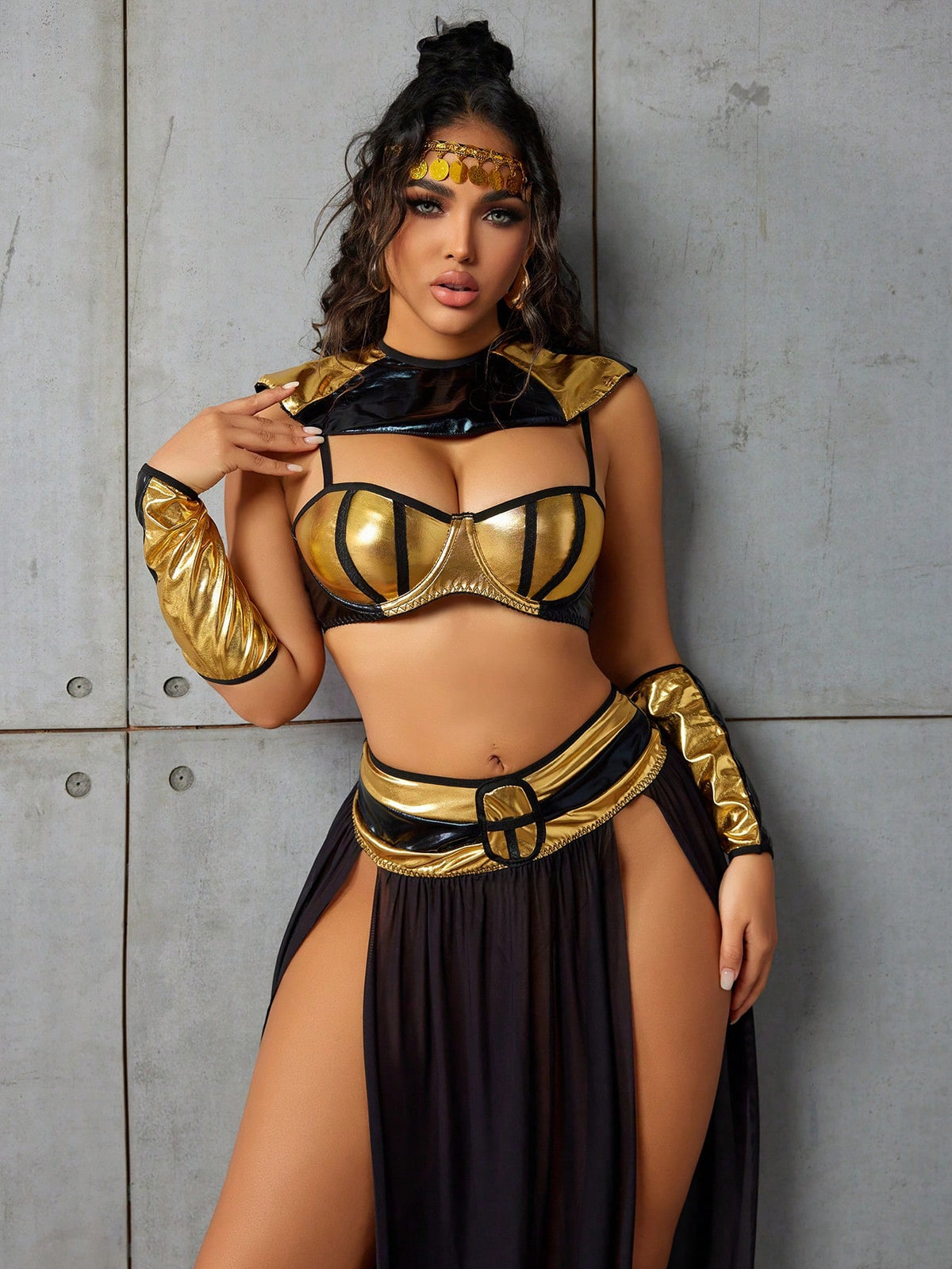 Women's 5-piece black sexy Halloween costume set featuring a spaghetti strap bra top, long skirt with cut out mesh details, shawl, gloves, and headpiece.