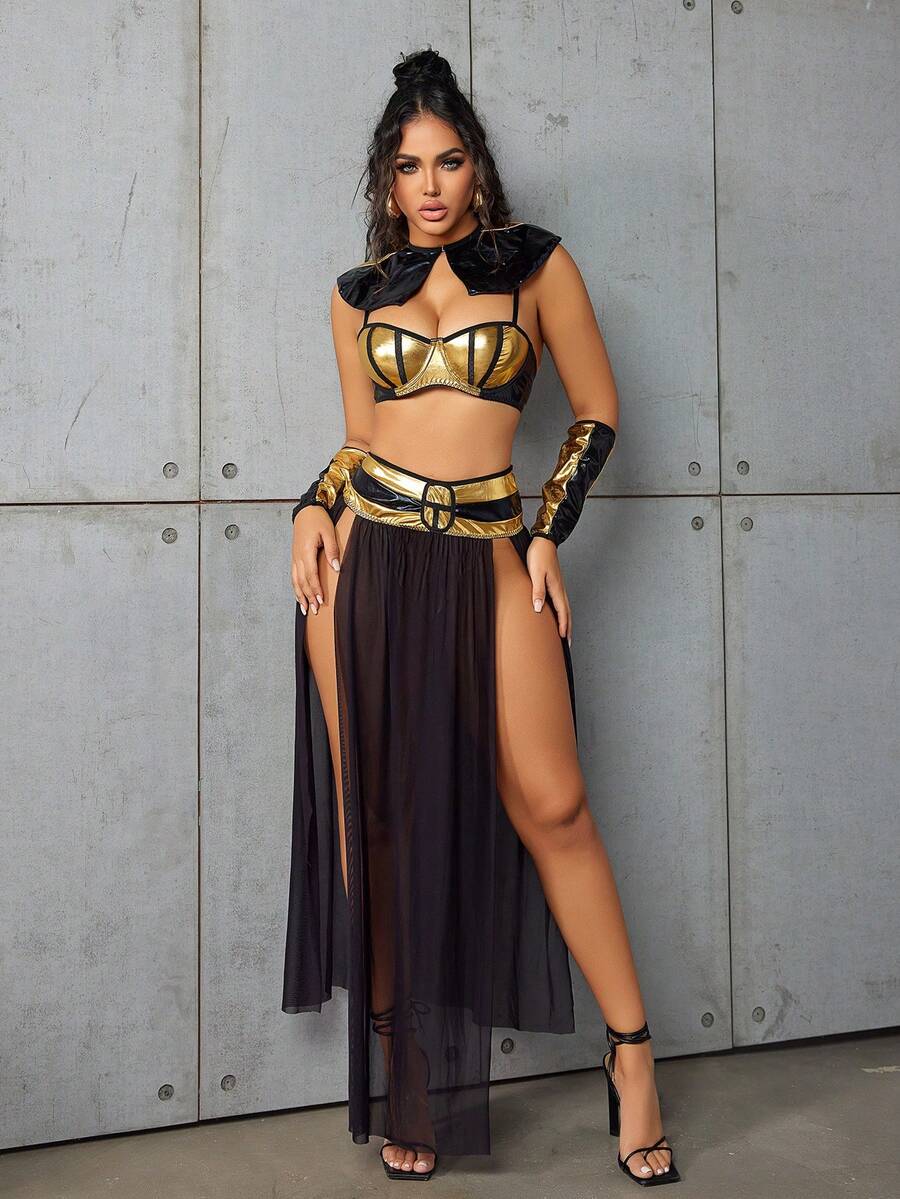 Women's 5-piece black sexy Halloween costume set featuring a spaghetti strap bra top, long skirt with cut out mesh details, shawl, gloves, and headpiece.