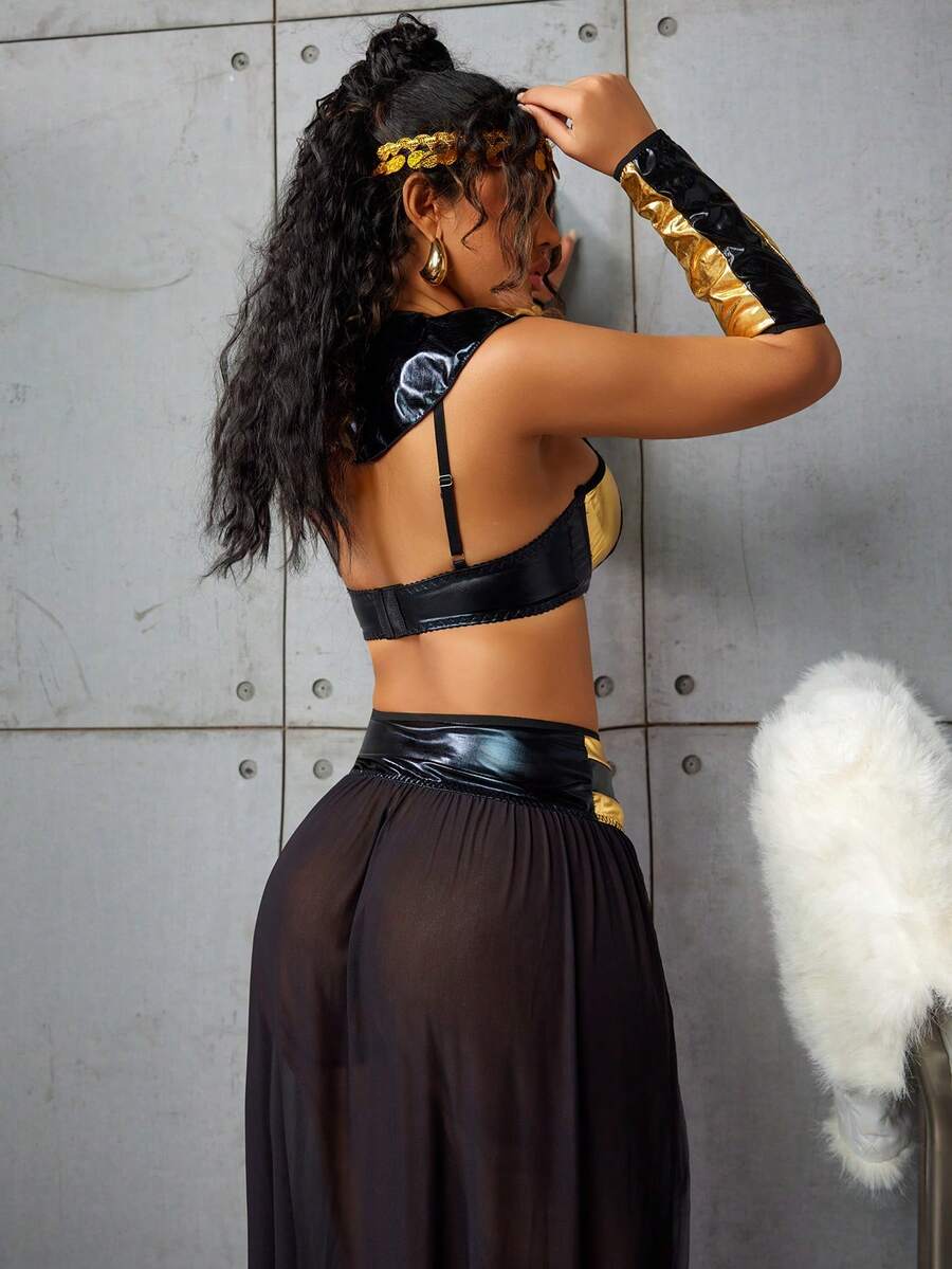 Women's 5-piece black sexy Halloween costume set featuring a spaghetti strap bra top, long skirt with cut out mesh details, shawl, gloves, and headpiece.