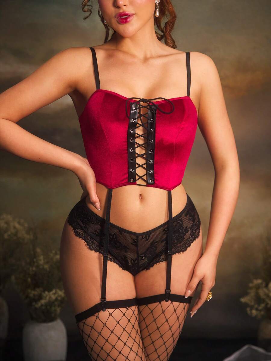 Multicolor gothic lingerie set featuring a velvet criss-cross bralette with adjustable straps and matching lace briefs.