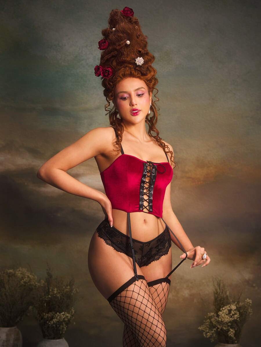 Multicolor gothic lingerie set featuring a velvet criss-cross bralette with adjustable straps and matching lace briefs.