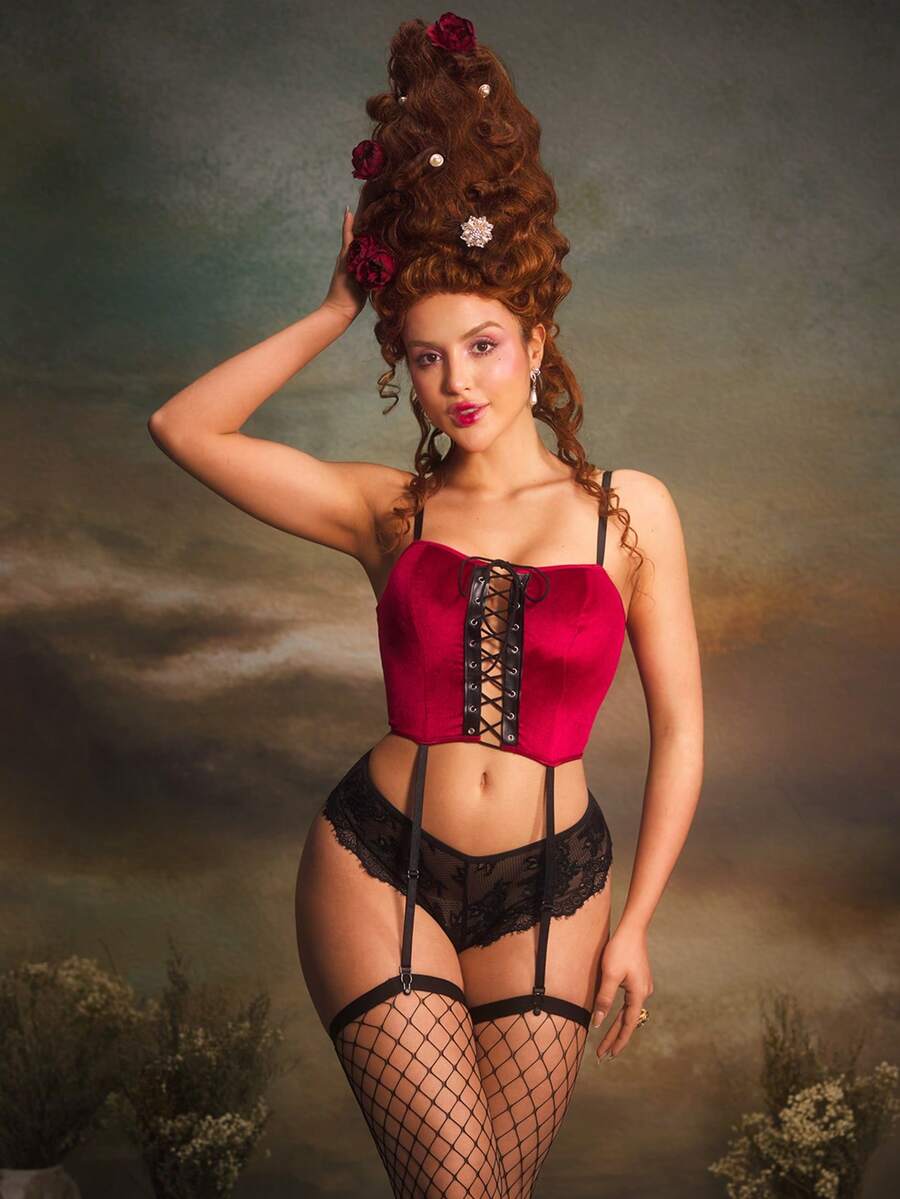 Multicolor gothic lingerie set featuring a velvet criss-cross bralette with adjustable straps and matching lace briefs.