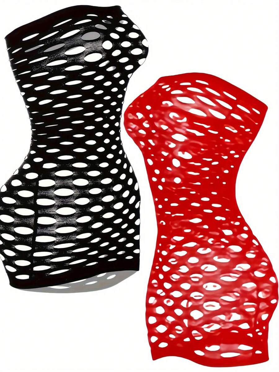 Women's 2-piece fishnet tube dress set in black and red featuring a strapless off-the-shoulder neckline, hollowed-out knit pattern, and semi-sheer high-stretch fit.