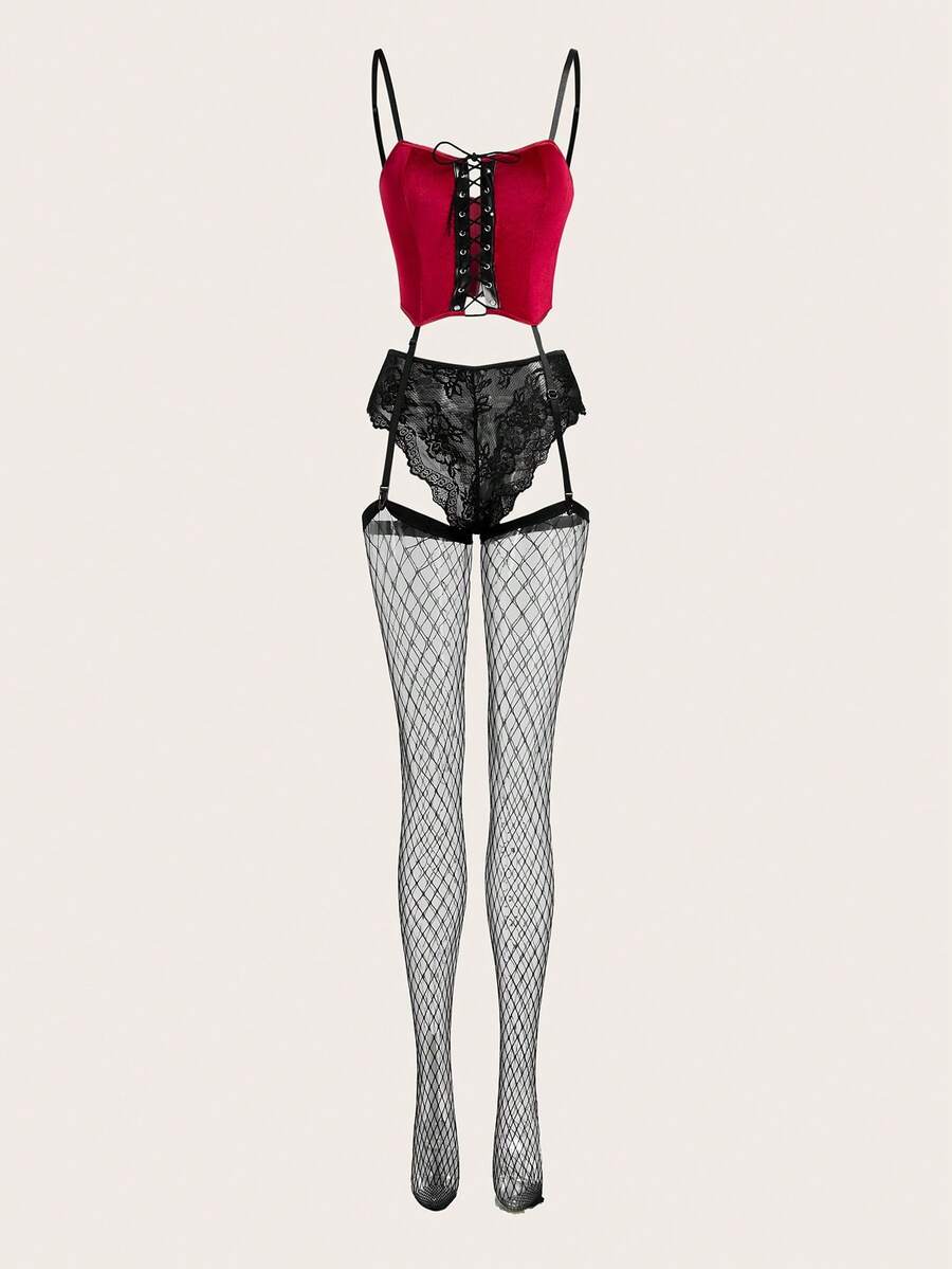 Multicolor gothic lingerie set featuring a velvet criss-cross bralette with adjustable straps and matching lace briefs.