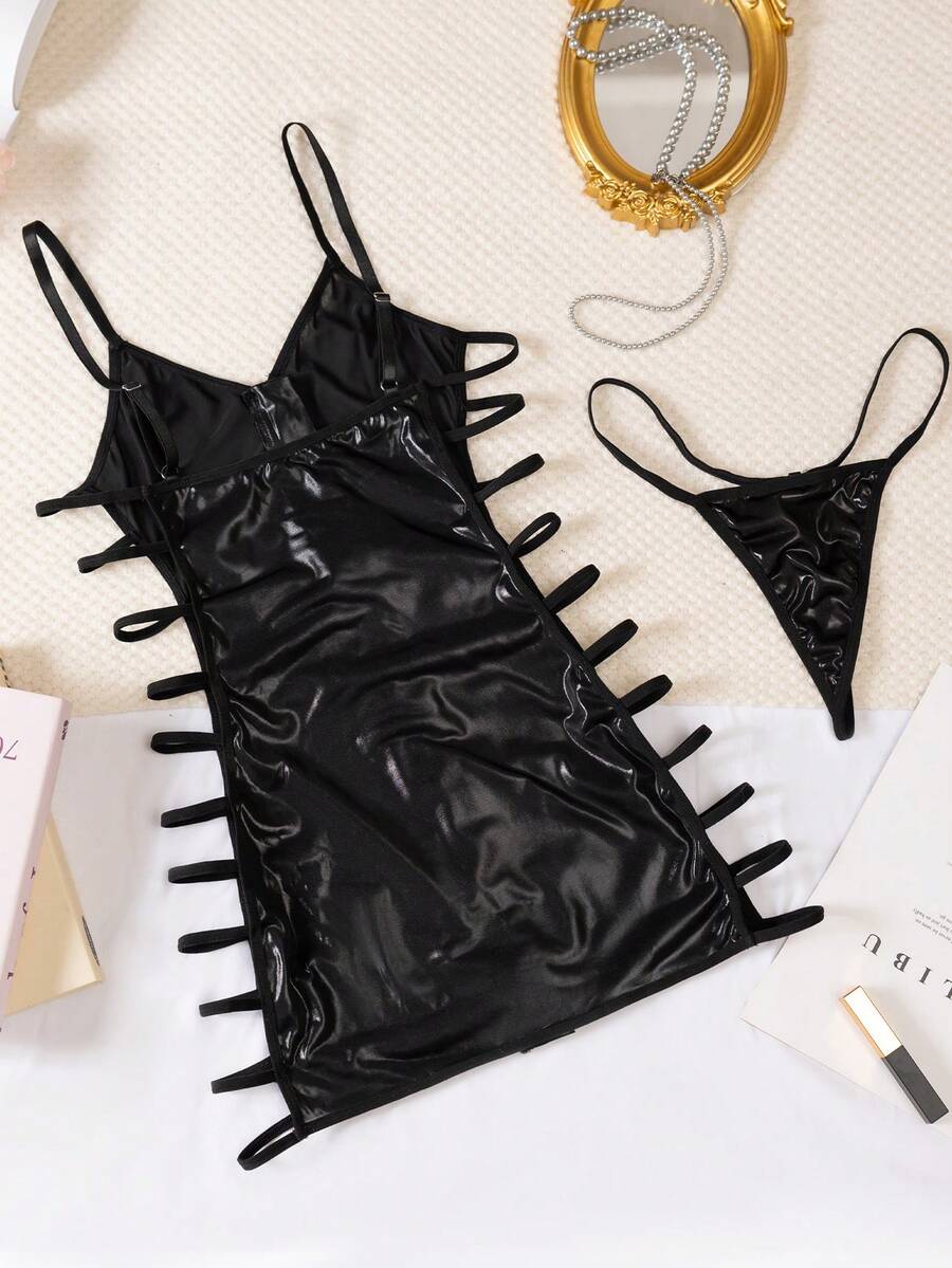Women's 2-piece hollow out lingerie set featuring a black short slip nightgown with adjustable spaghetti straps and matching thong.