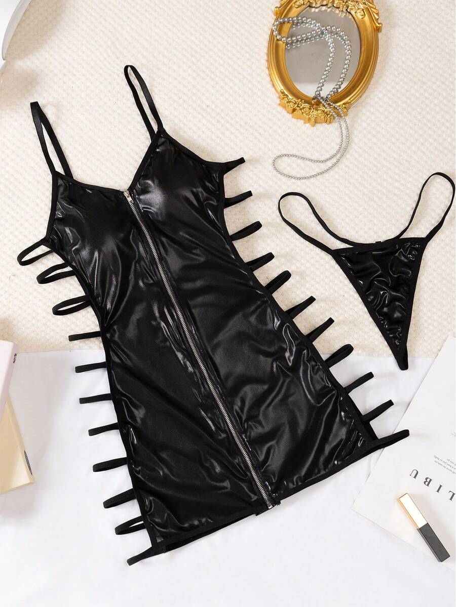 Women's 2-piece hollow out lingerie set featuring a black short slip nightgown with adjustable spaghetti straps and matching thong.