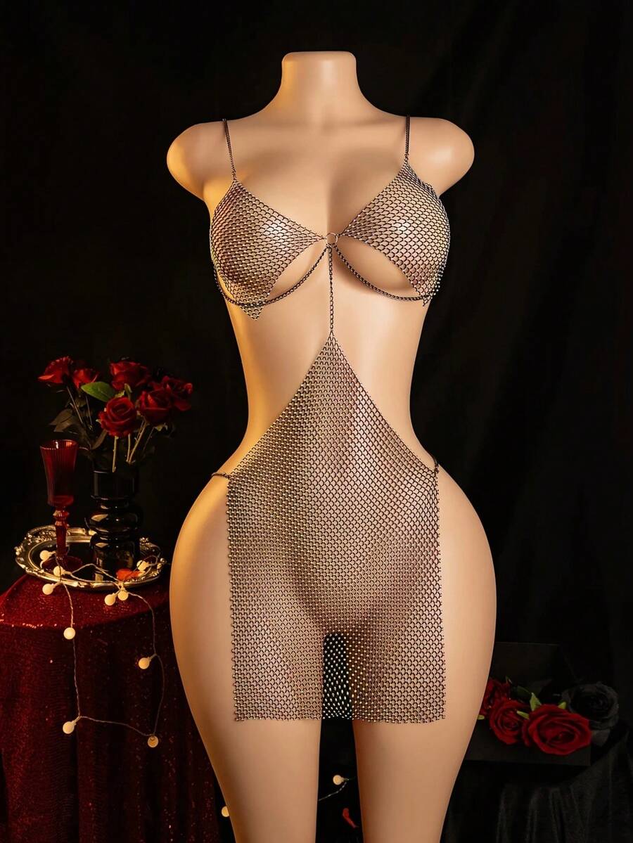 Black sheer rhinestone lingerie slip dress with spaghetti crossback straps for women.