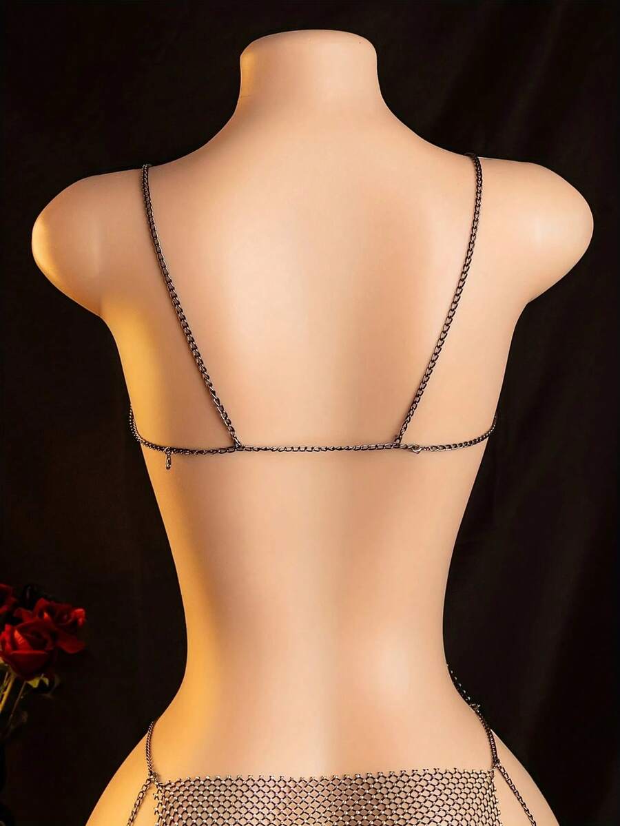 Black sheer rhinestone lingerie slip dress with spaghetti crossback straps for women.