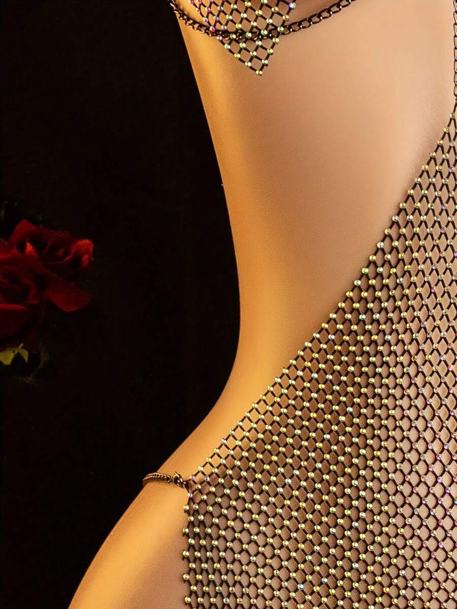 Black sheer rhinestone lingerie slip dress with spaghetti crossback straps for women.