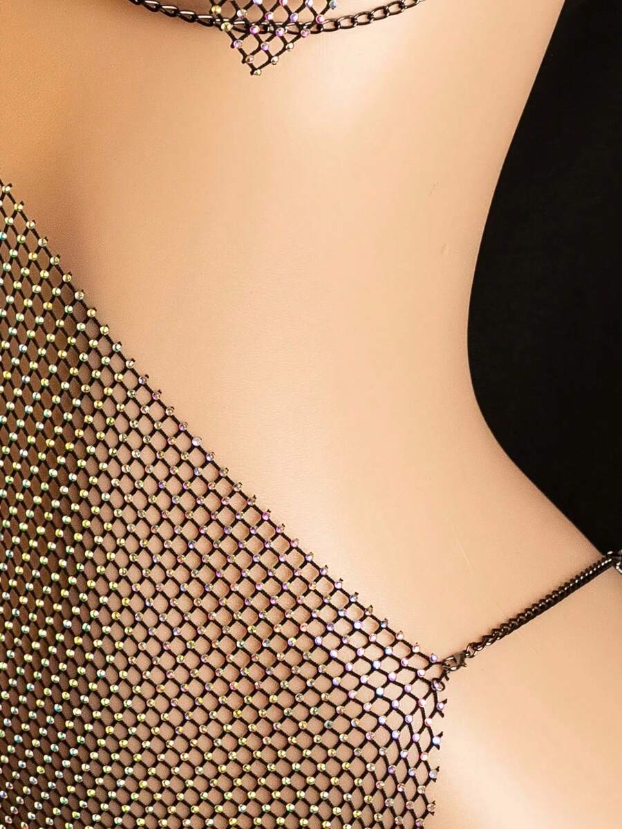Black sheer rhinestone lingerie slip dress with spaghetti crossback straps for women.