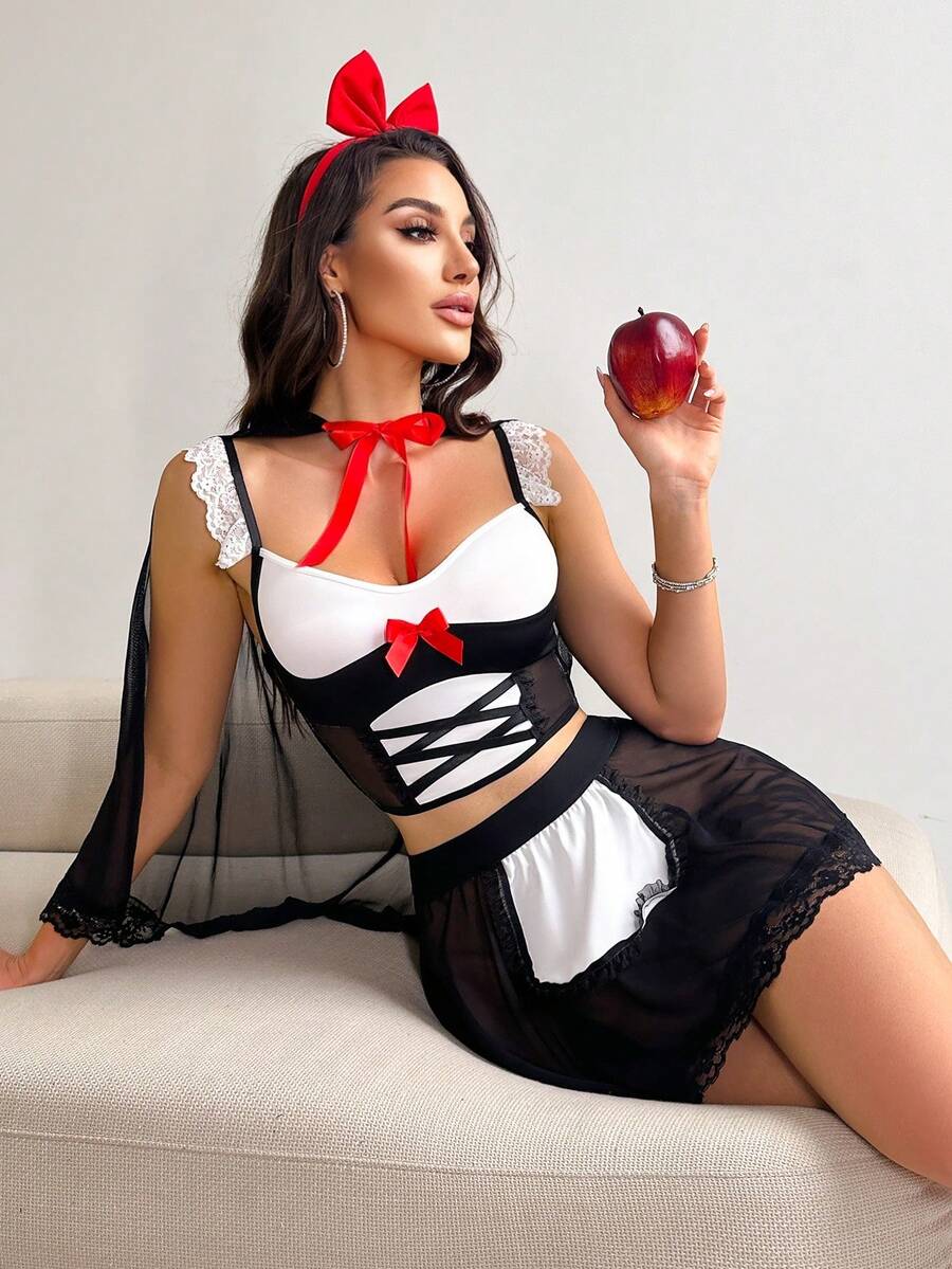 Little Red Riding Hood 3-piece costume set for women featuring contrast mesh details, sweetheart neckline, adjustable straps, and a mini length skirt.