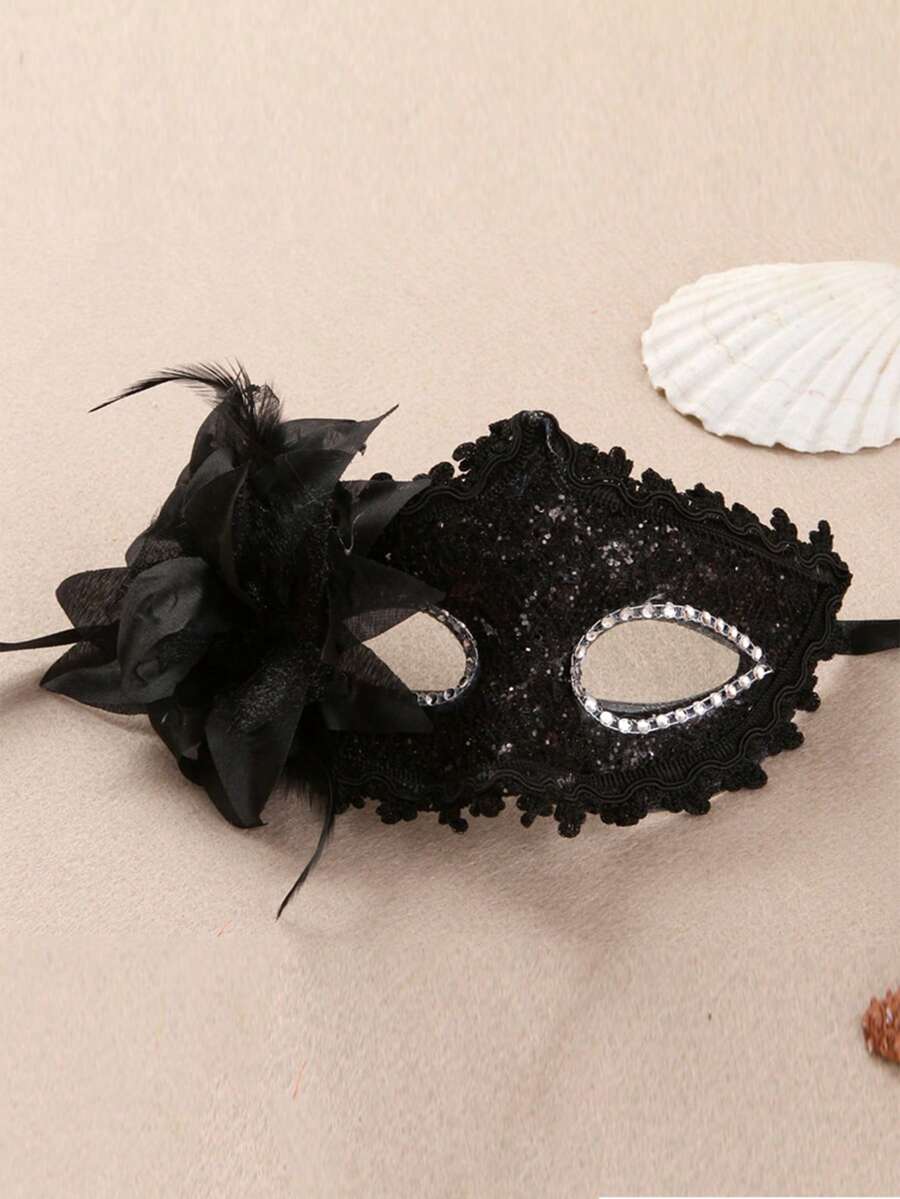 Black goth 3-piece women's lingerie set with cat ear lace eye mask and chain harness bra