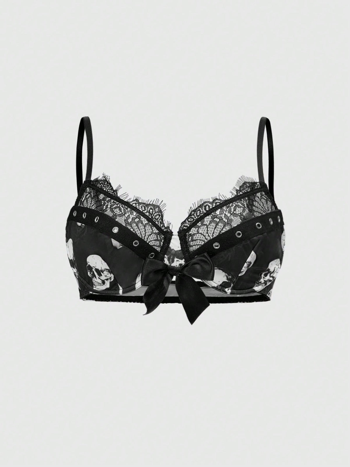 Black dark gothic skull print lingerie bra featuring contrast lace trim, bow accent, underwire balconette cups, and adjustable shoulder straps.