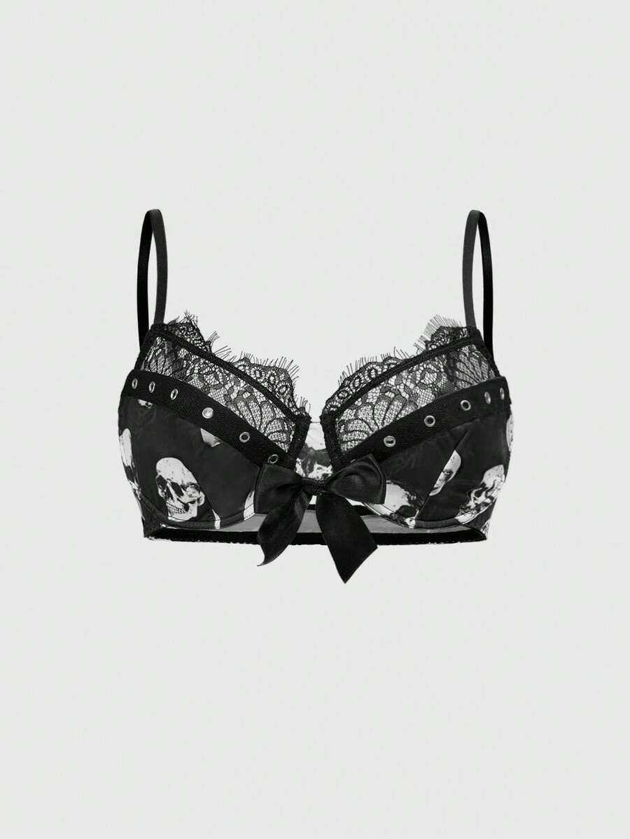 Black dark gothic skull print lingerie bra featuring contrast lace trim, bow accent, underwire balconette cups, and adjustable shoulder straps.
