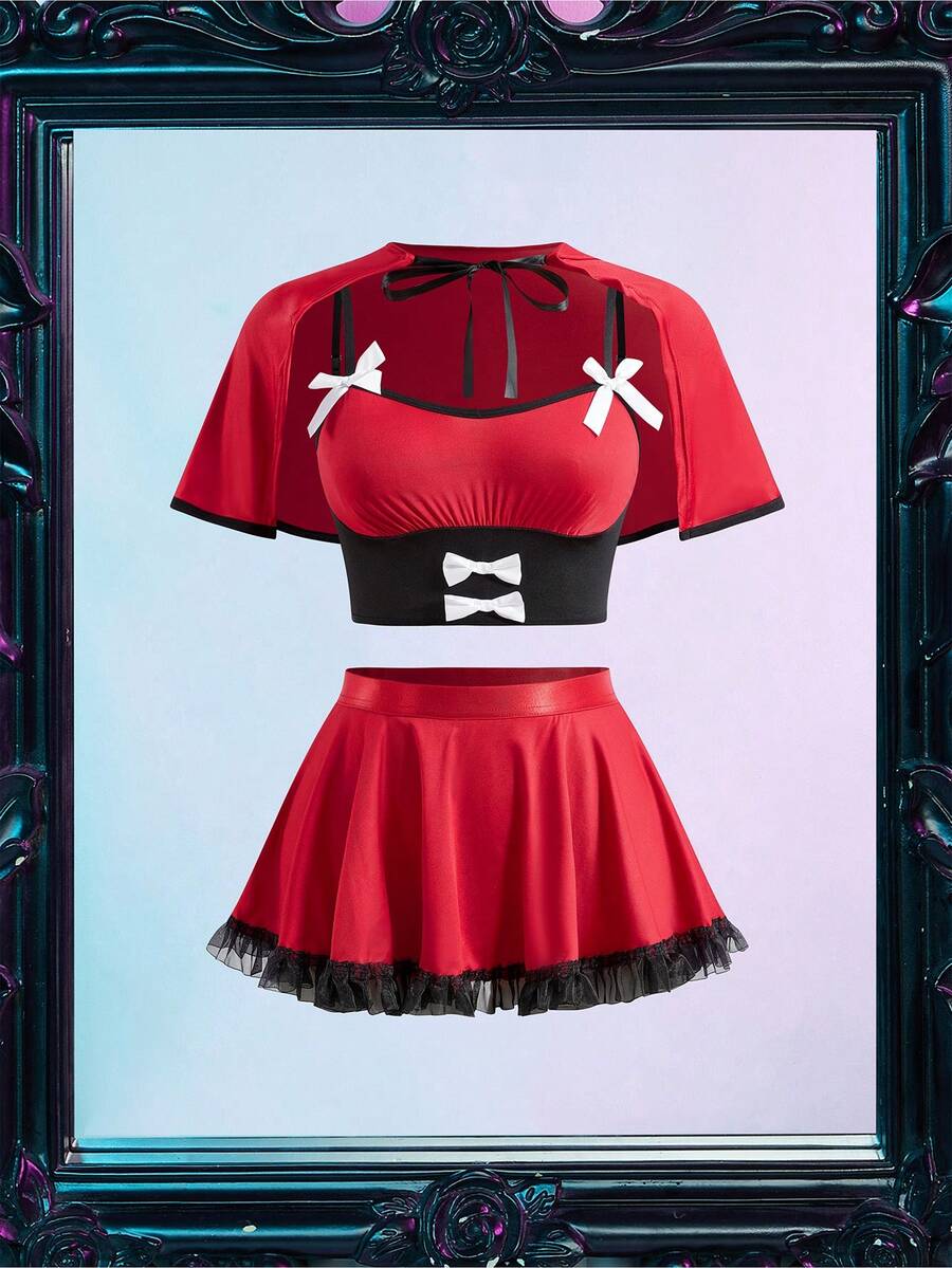 Women's 3-piece Little Red Riding Hood cosplay costume in red featuring a sleeveless crop top with lace-up front, bow, ruched detailing, and ruffle hem.