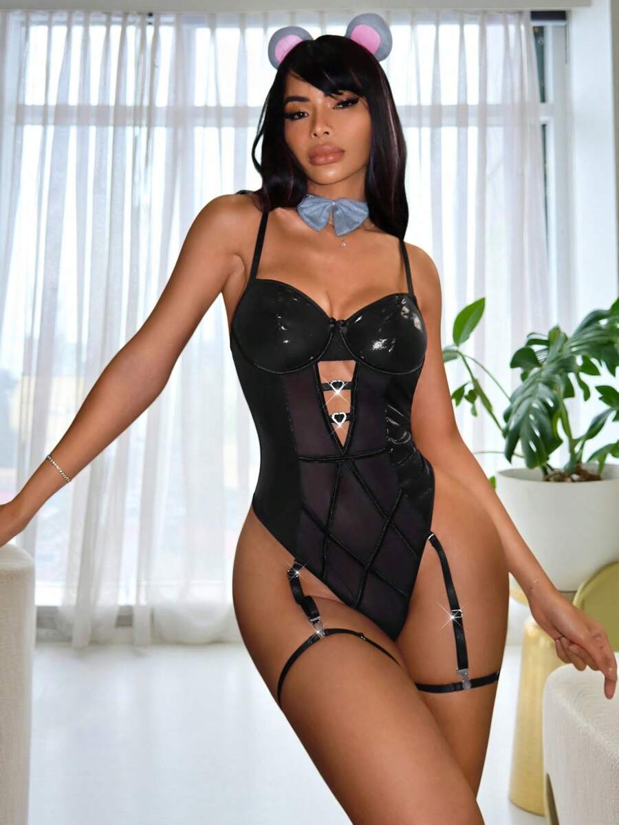 Black mesh bodystocking set for women featuring rhinestone embellishments, criss cross cutouts, adjustable straps, leg garters, headpiece, and neck ring.