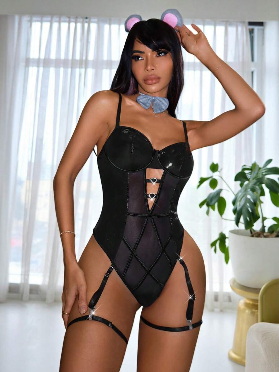 Black mesh bodystocking set for women featuring rhinestone embellishments, criss cross cutouts, adjustable straps, leg garters, headpiece, and neck ring.