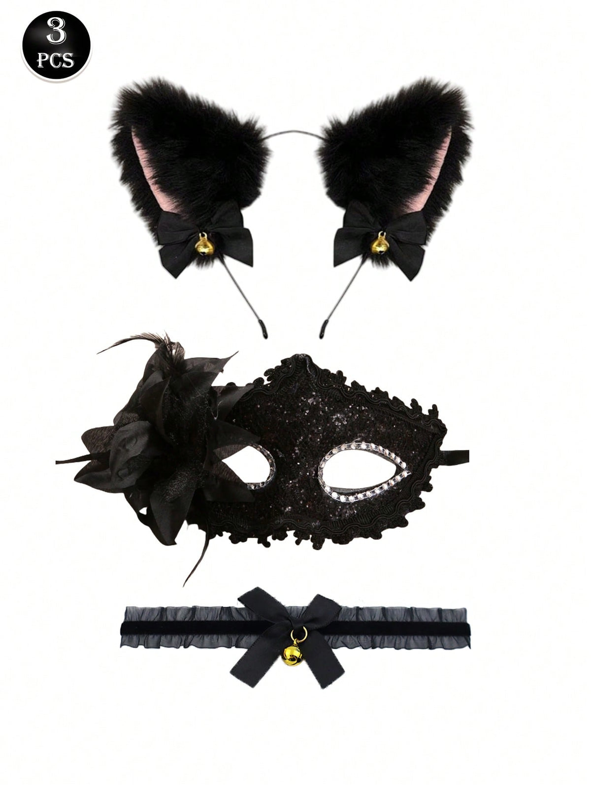 Black goth 3-piece women's lingerie set with cat ear lace eye mask and chain harness bra