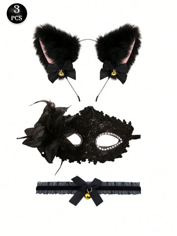 Black goth 3-piece women's lingerie set with cat ear lace eye mask and chain harness bra