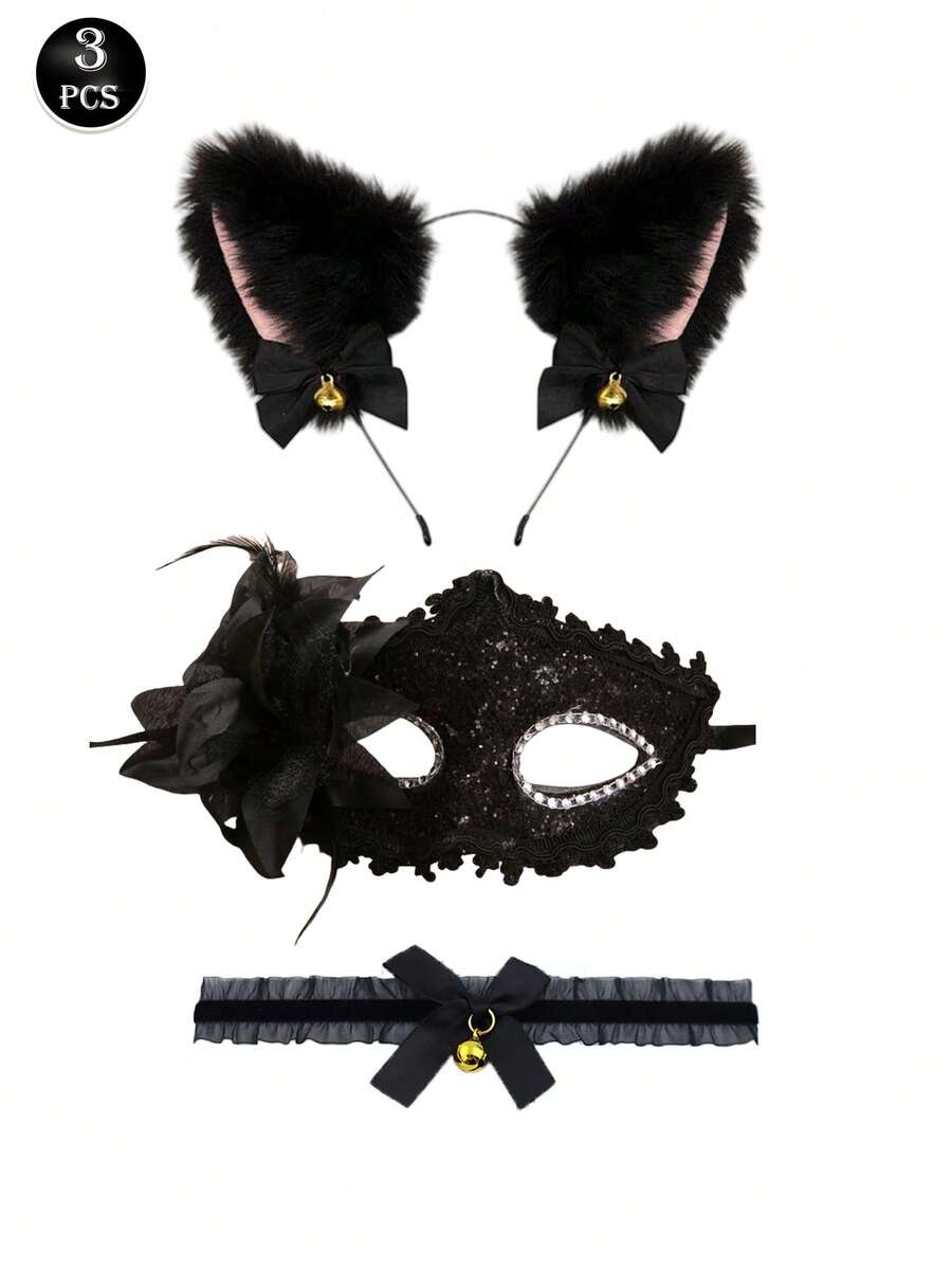 Black goth 3-piece women's lingerie set with cat ear lace eye mask and chain harness bra