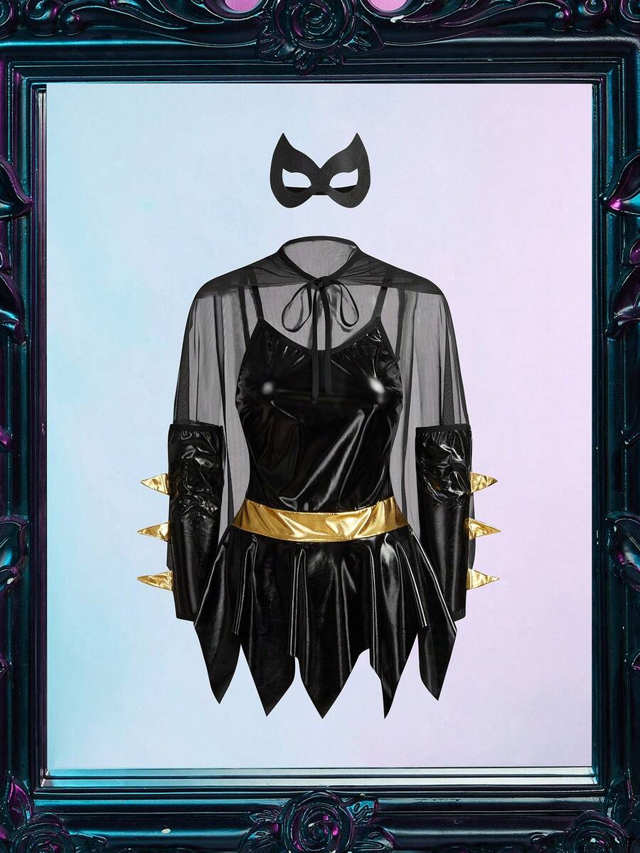 Women's 4-piece black superhero costume set featuring a short asymmetrical spaghetti-strap dress and matching cape for Halloween and cosplay.