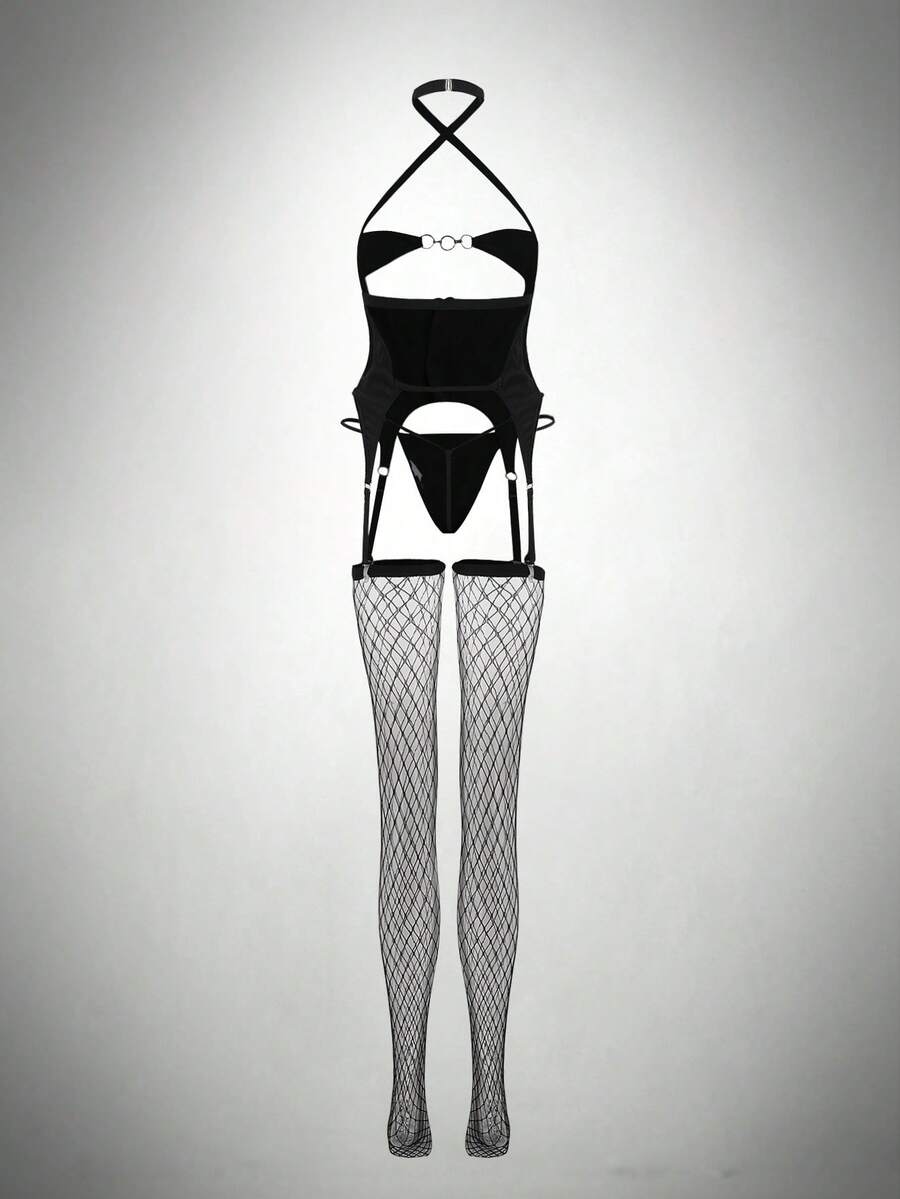 Black cut-out halter neck lingerie set for women featuring sheer medium stretch fabric and thong bottom.