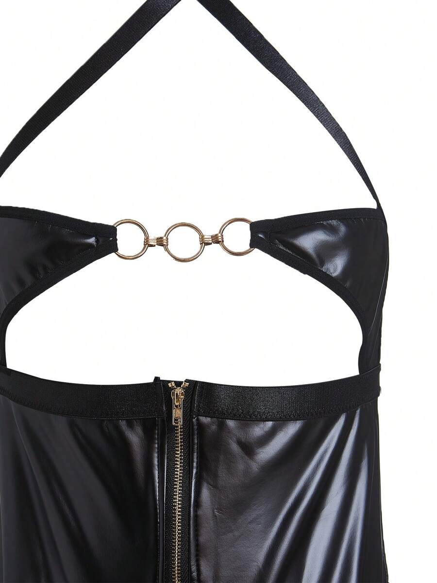 Black cut-out halter neck lingerie set for women featuring sheer medium stretch fabric and thong bottom.