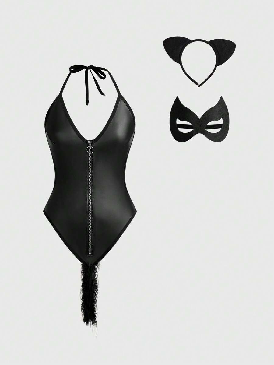 Black zip-up lingerie teddy for women featuring crossback spaghetti straps and sleeveless bodysuit fit.