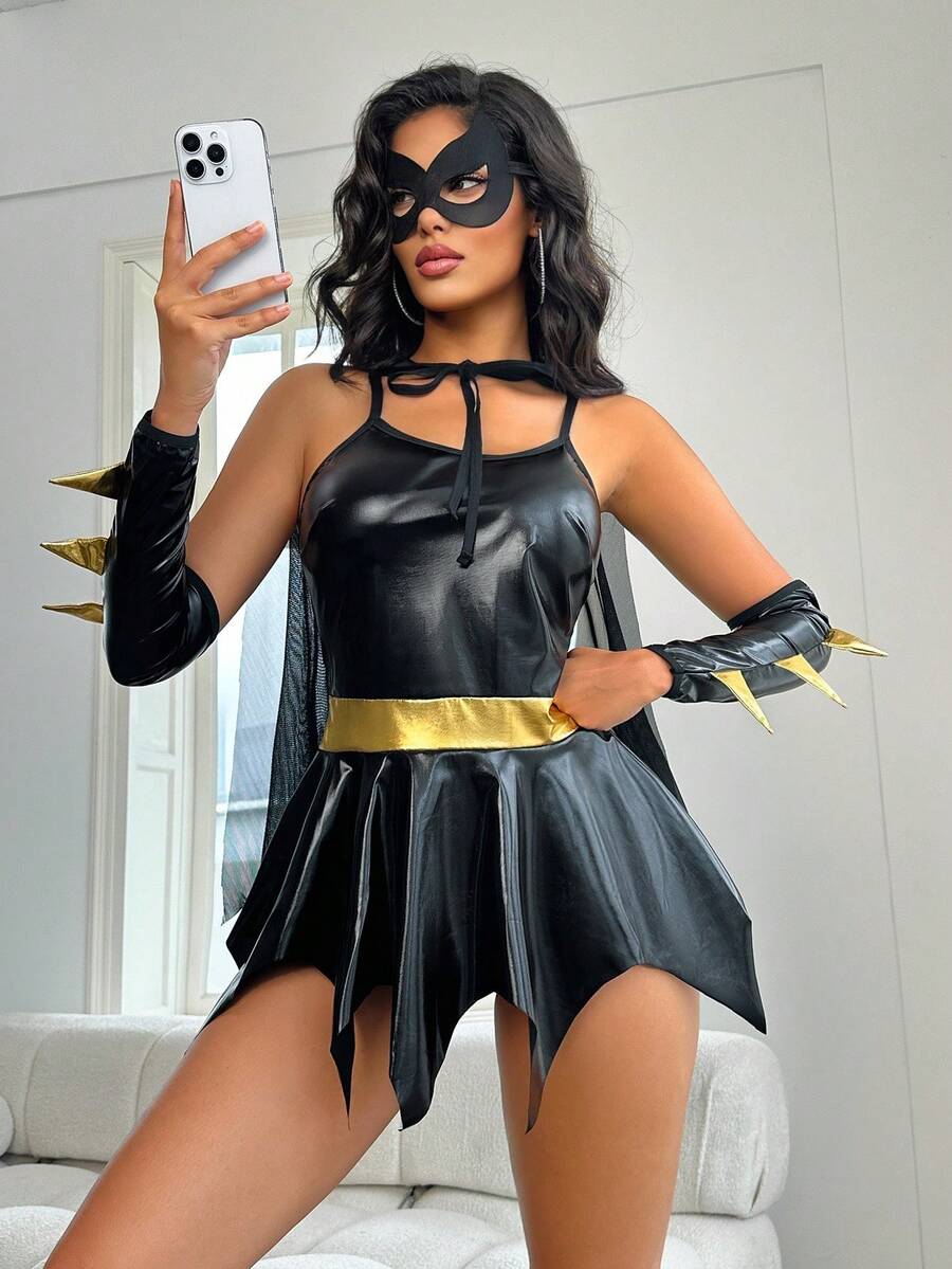 Women's 4-piece black superhero costume set featuring a short asymmetrical spaghetti-strap dress and matching cape for Halloween and cosplay.