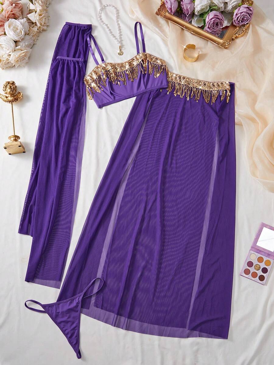 Black 5-piece women's sparkling tassel mesh stage costume set with adjustable spaghetti straps and frill accents.